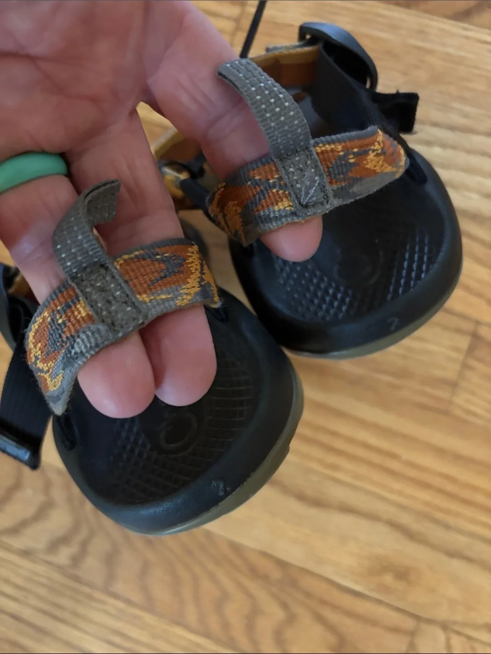 Chaco Black Sandals with Orange and Tan Patterned Straps